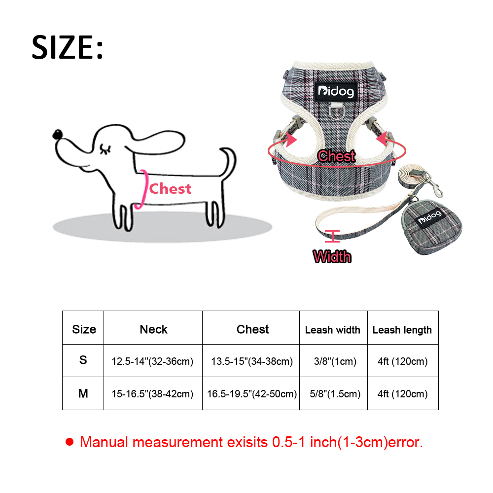 Mesh Nylon Dog Harness and Leash With Snack Bag Plaid Dogs Cat Vest Harness Pet Walking Lead Leashes Belt For Small Dogs Cats