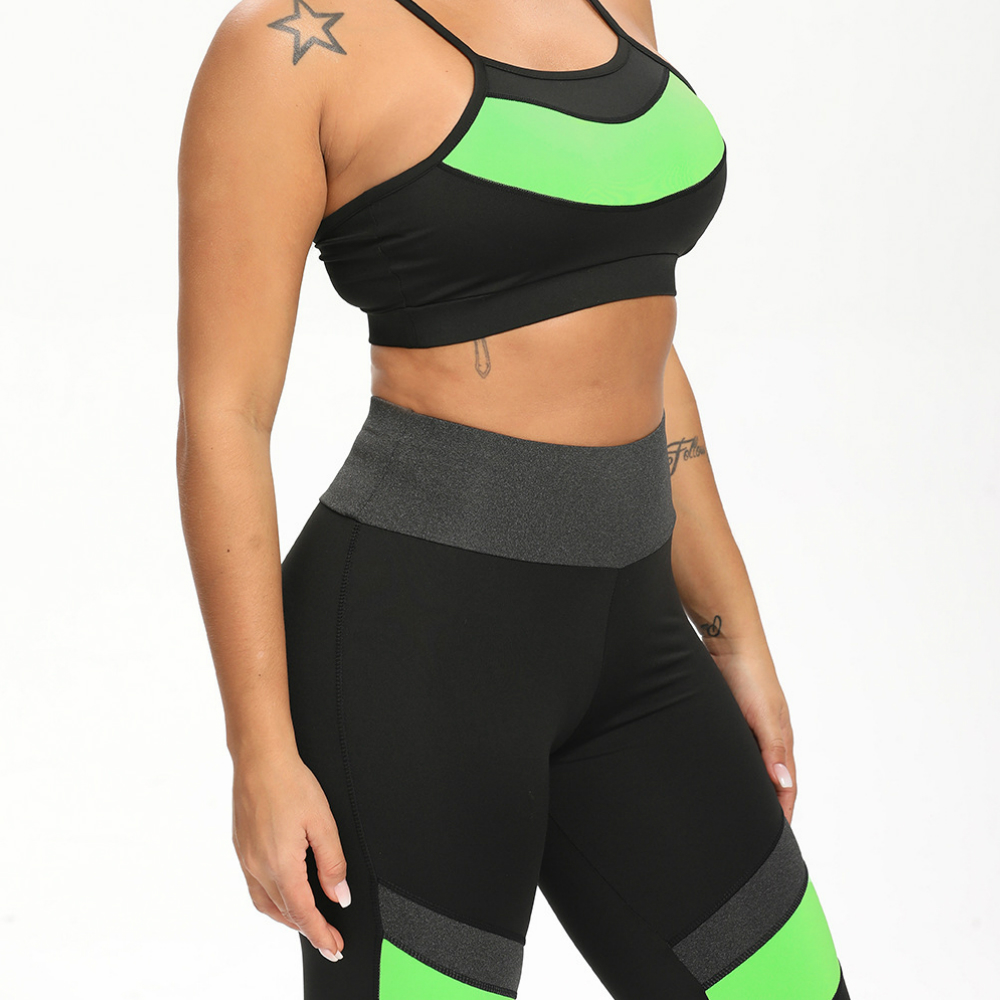 Contrast Yoga Pants Fitness Leggings Track Suits Sports Bra Womens Crop Top Gym Two Piece Set Training Wear Shuffle Clash Green