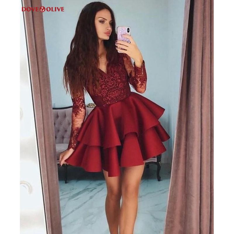 Burgundy V-Neck A-Line Short Cocktail Dresses Appliques Bead Full Sleeves Formal Party Dress Satin Tiered Sepcial Occasion Gowns