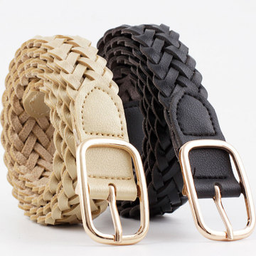 Retro Stretch Woven Belt Solid Color Women's Belt With Square Gold Metal Buckle Female Belt Casual Waist Belt Braided Waist Belt