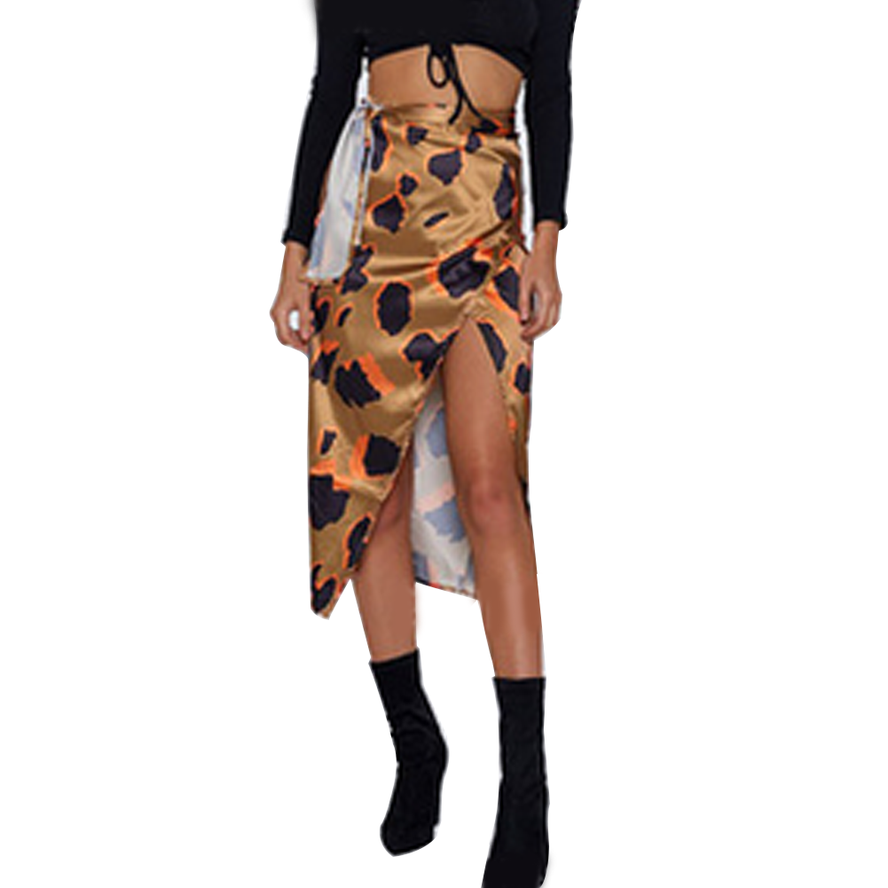 Women Fashion High Waist Bandage Long Leopard Print Skirt Summer Autum Holiday Casual Ruffle Wrap Sundress All-match Skirt