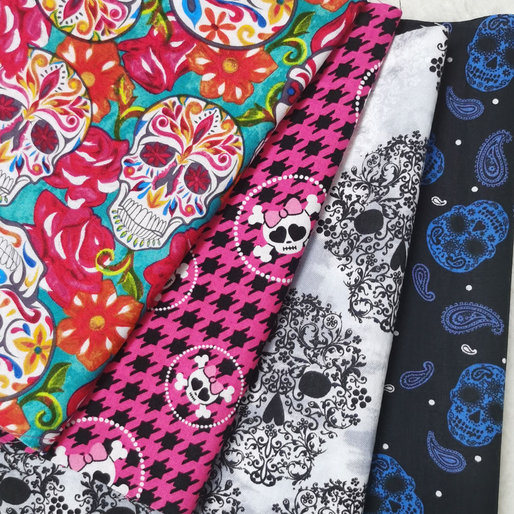 4pcs 35X25cm Black Rose Skull Flower Cotton Fabric Flower Ghost Sewing Clothing Tissue Telas Textile Patchwork Bundle DIY