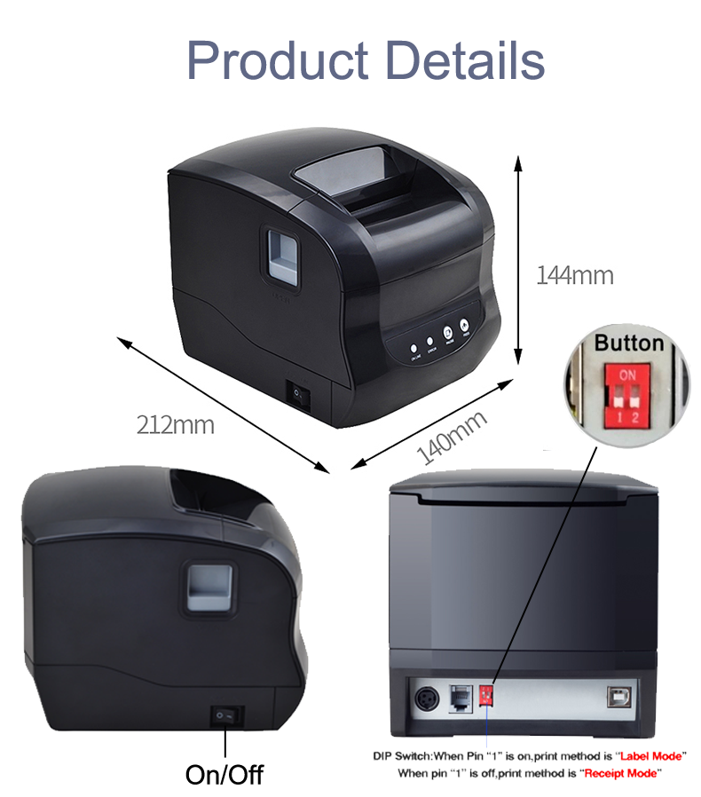 XP-365B 80mm POS Thermal Receipt Label Printer for Supermarket Barcode QR Code Sticker Date Price USB Bluetooth Android Windows