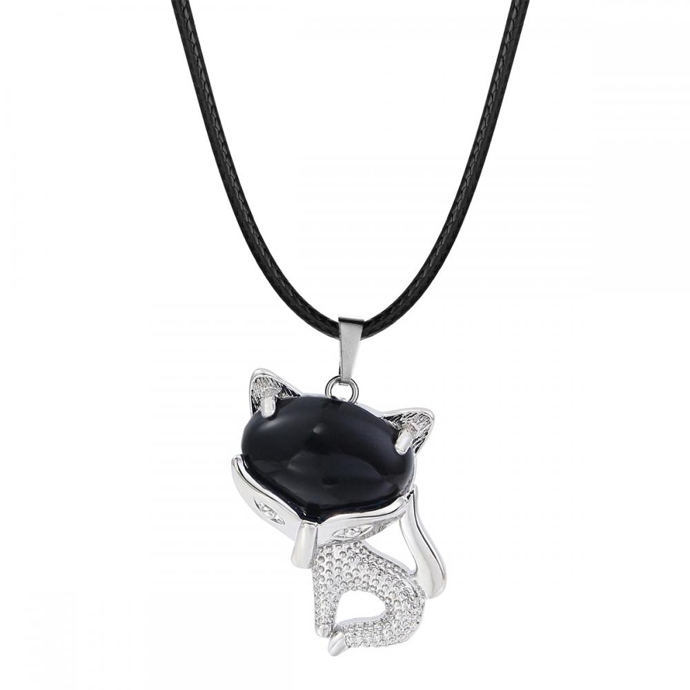 Black Onyx Luck Fox Necklace for Women Men Healing Energy Crystal Amulet Animal Pendant Gemstone Jewelry Gifts