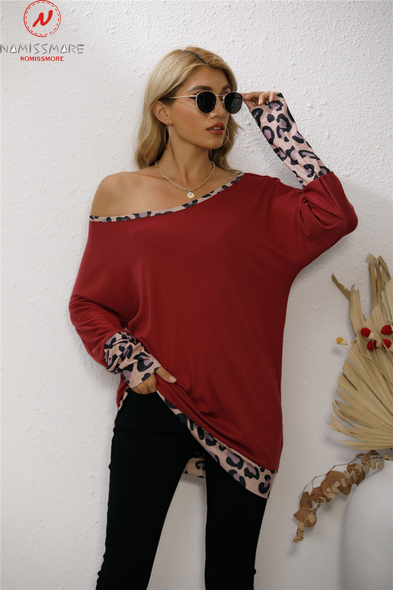 Fashion Women Casual Loose T-Shirts Colar Matching Design Slash Neck Long Sleeve Leopard Print Spring Autumn Pullovers Top