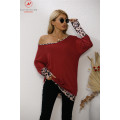 Fashion Women Casual Loose T-Shirts Colar Matching Design Slash Neck Long Sleeve Leopard Print Spring Autumn Pullovers Top