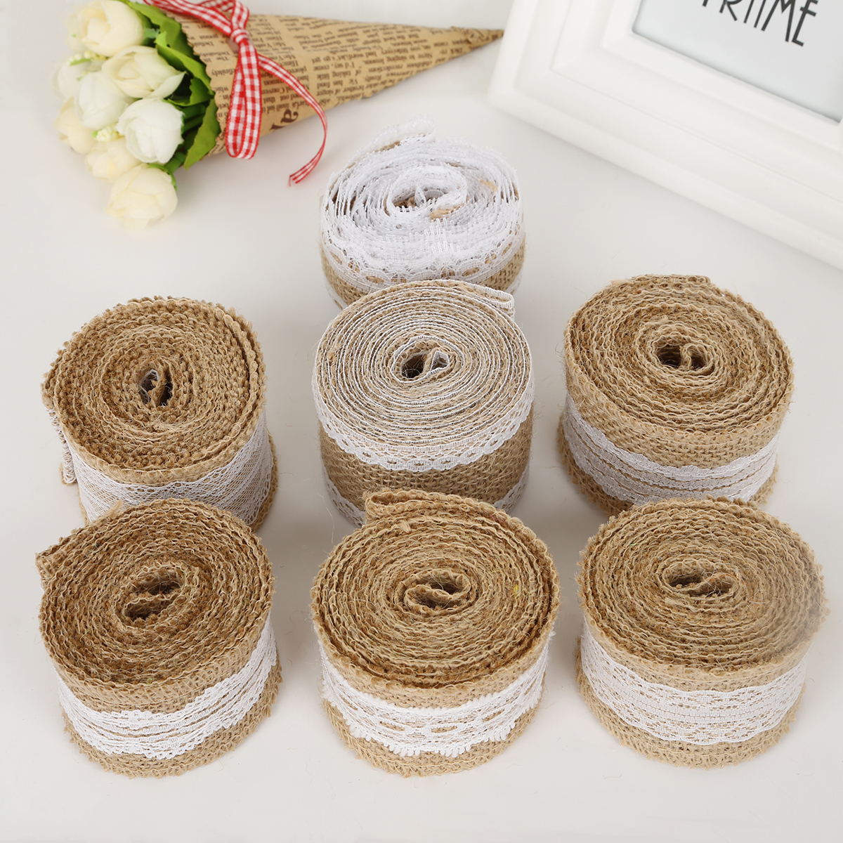 New Arrival vintage width 5cm Natural Jute Burlap Hessian Ribbon with Lace for countryside wedding&party decoration DIY Ribbon