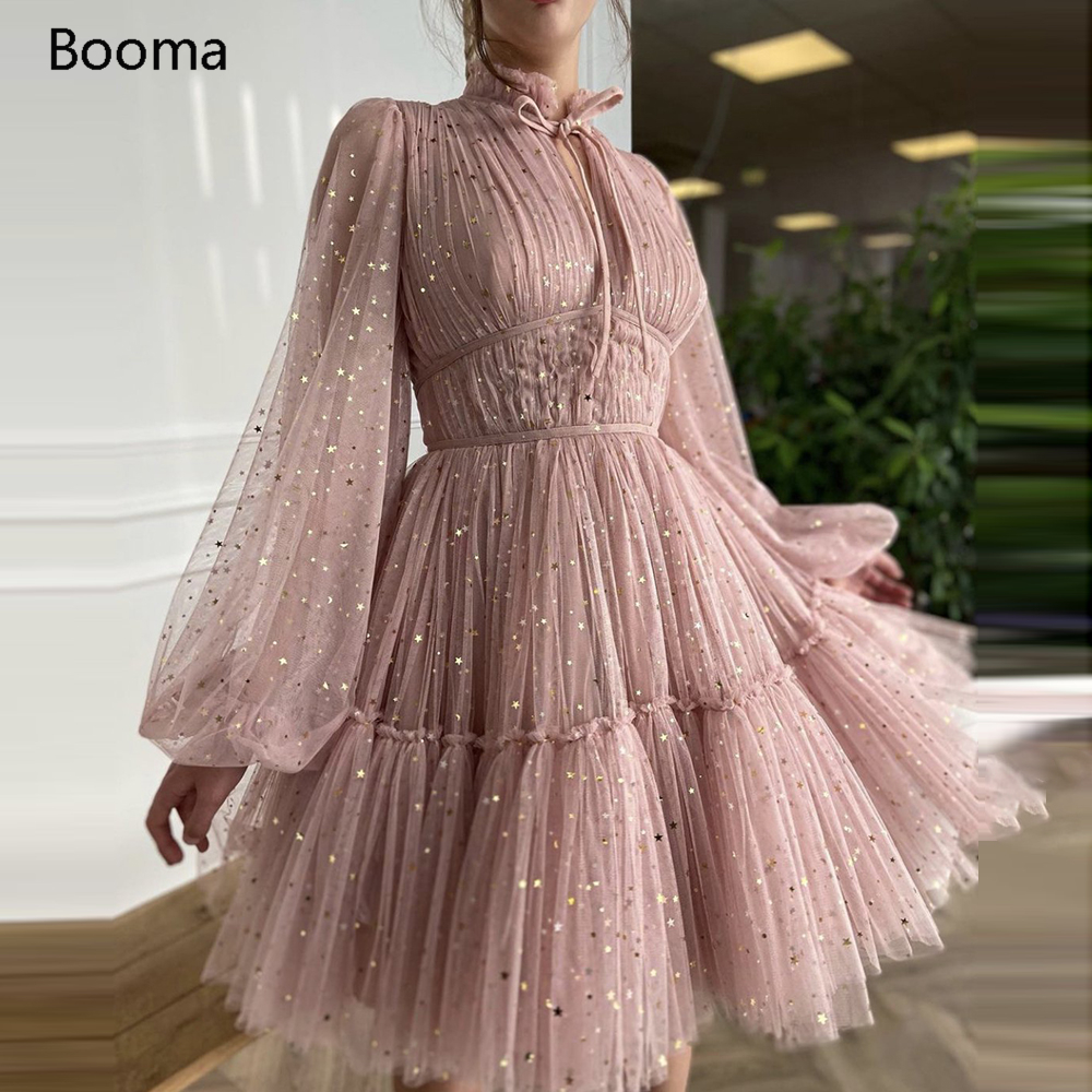 Booma Pink Starry Tulle Mini Prom Dresses High Neck Long Sleeves Above Knee Homecoming Dresses Pleated Tiered A-Line Prom Gowns