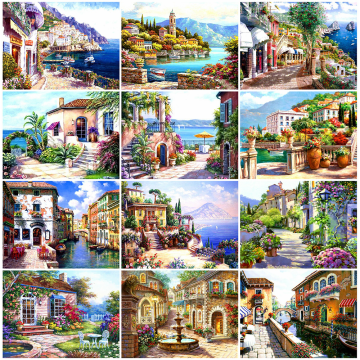 HUACAN Full Square Drill Diamond Painting 5D Town Landscape Diamond Embroidery Villa By The Sea Cross Stitch Room Decor