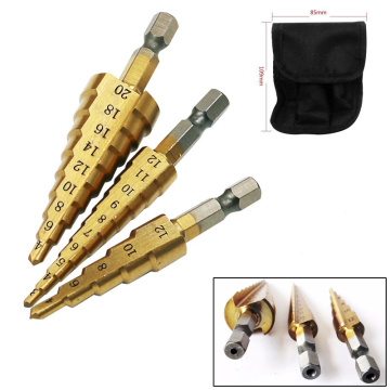 3Sizes HSS Step Cone Drill Bit 3-12/4-12/4-20mm High-speed Steel 4241 Titanium Coated Hole Cutter 1/4