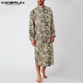 INCERUN Printed Muslim Caftan Robes Men Long Sleeve Jubba Thobe Vintage Pockets Abaya Islamic Clothing Stand Collar Men Robe 5XL