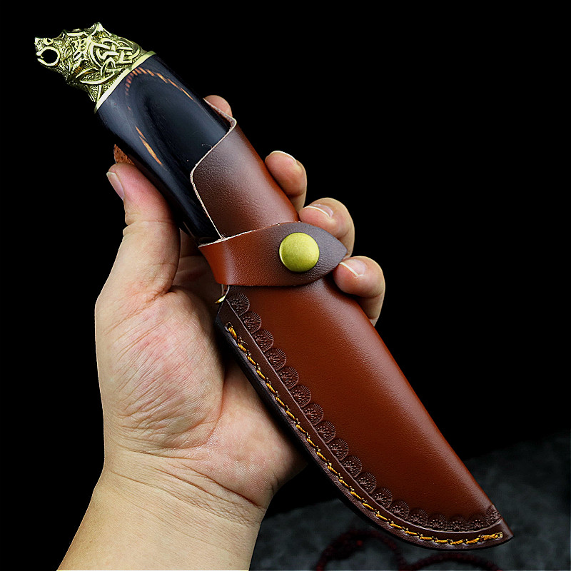 Tiger head forging brass sandalwood handle high carbon steel straight knife outdoor tactical knife hunting knife + Leather Case