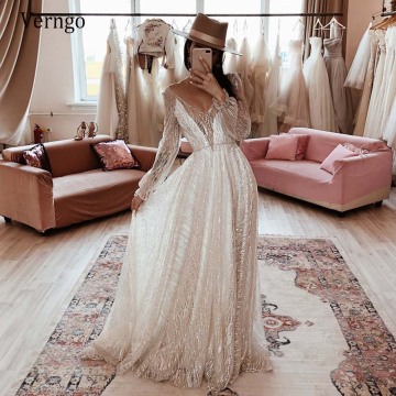 Verngo Sparkly Lace Wedding Dress Beach Long Sleeves Sequins Tulle V Neck Bridal Gowns Bohemian Full Length Formal Party Dress