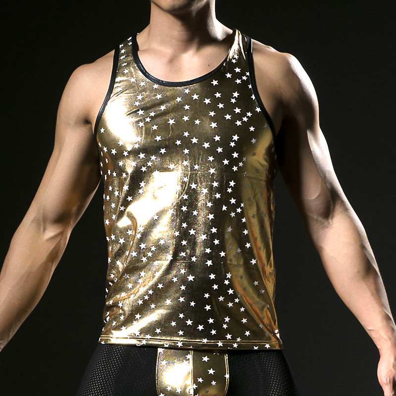 Fashion Faux Leather Men Sexy Star Printed Fitness Tank Tops Gay Male Sleeveless Vest 2017 New Arrival Summer