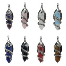 Gemstone Double Hexagonal Prism Wrapped Silver Dragon Stone Pendant Vintage Crystal Dragon Charm Pendants for Diy Jewelry Making