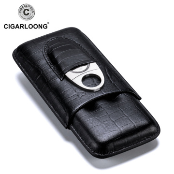 Portable Leather Cigar Case 2 Tube Holder Cigars Humidor Box with Metal Cigar Cutter TH-1002