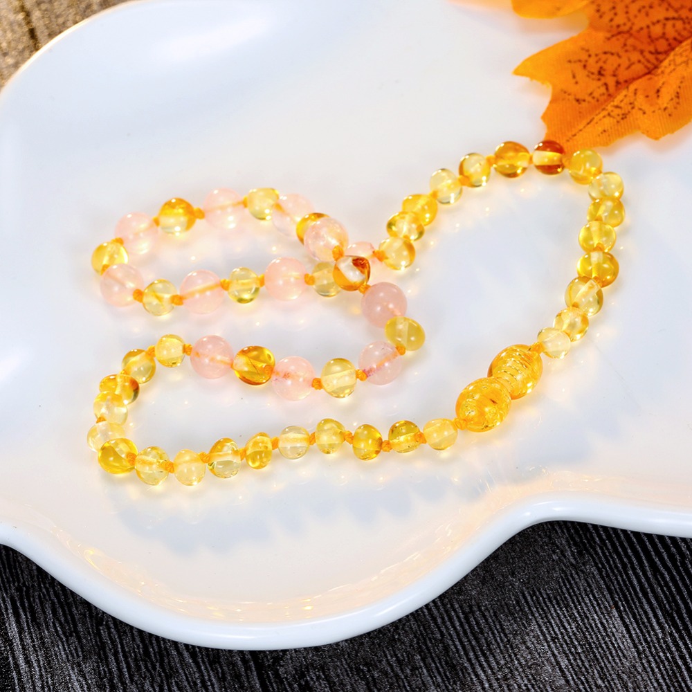 HAOHUPO Original Baltic Amber Teething Necklace for Women Supply Certificate Pink Crystal + Gold Amber Bracelet for Baby Gift