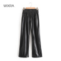 Wixra Faux Leather Pants Lady PU Trousers New Fashion Womens High Elastic Waist Loose Pocket Streetwear Autumn Winter