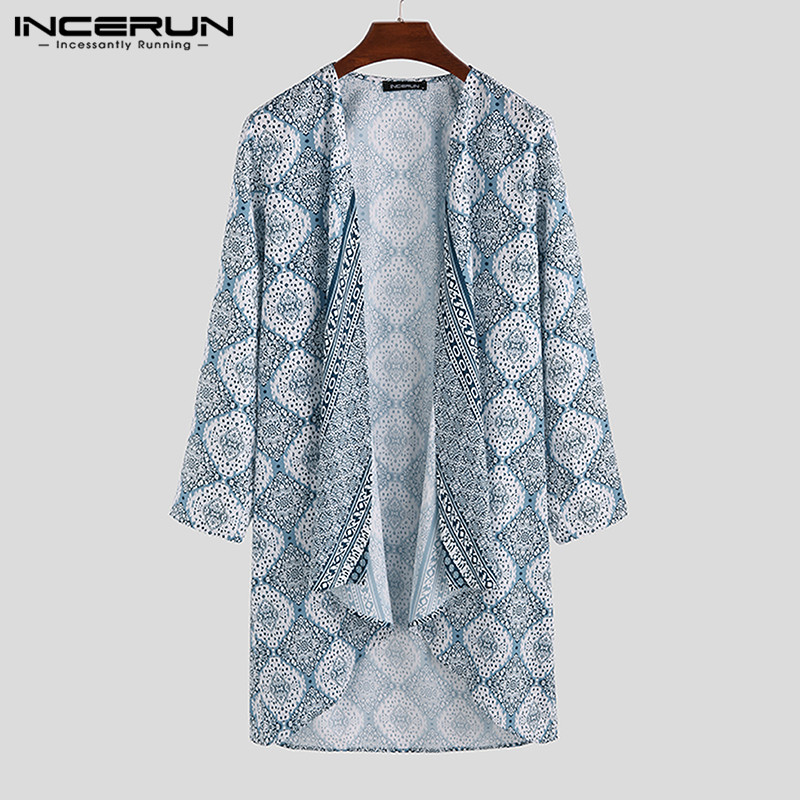 INCERUN Men Trench Long Sleeve Coats Ethnic Style Printed Retro Long Vacation Cardigan Leisure Streetwear Cloak Men Jackets 2021