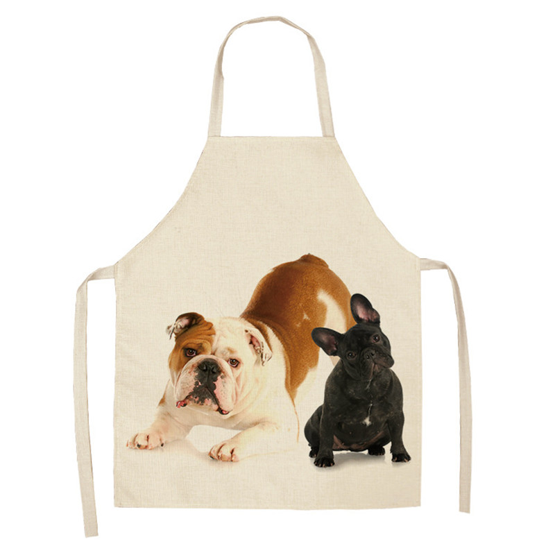 1 Pcs Bulldog Printing Kitchen Aprons Unisex Dinner Party Cooking Waist Bib Cotton Linen Pinafore Cleaning Tools