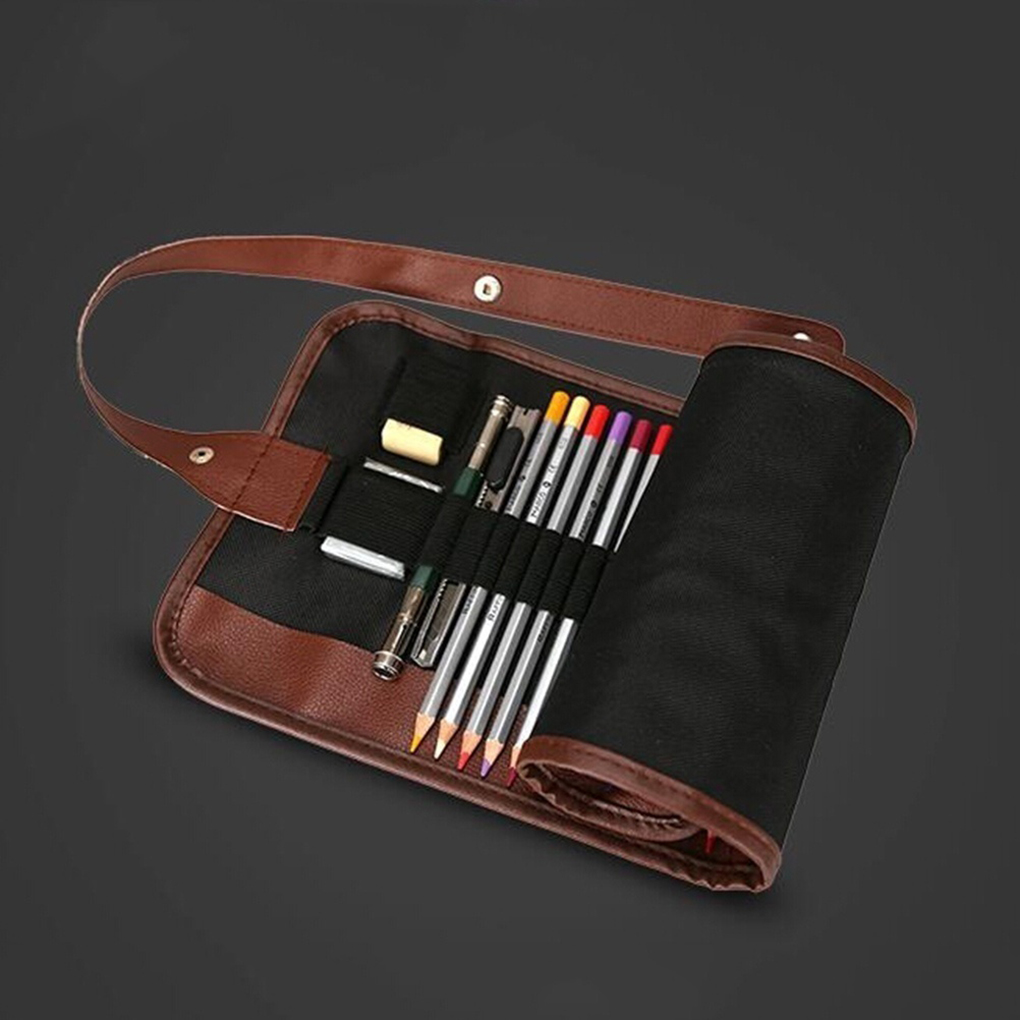 ZHUTING 24 Slots Pencil Bag Wrap Roll Up Students Canvas Sketching Pen Case Brushes Makeup Pouch