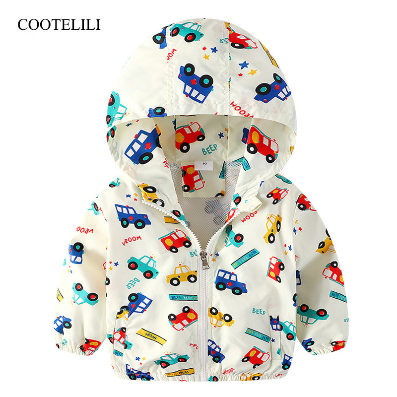 COOTELILI 80-130cm Cute Car Printing Kids Boys Jacket 2019 Spring Hooded Children Clothes Active Girls Windbreakers