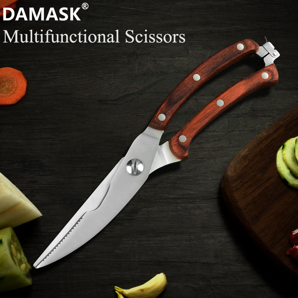 Damask 3Cr14 Stainless Steel Chicken Shear Durable Kitchen Scissor With Color Wood Handle Use for Poultry Meat Fish kitchen Tool