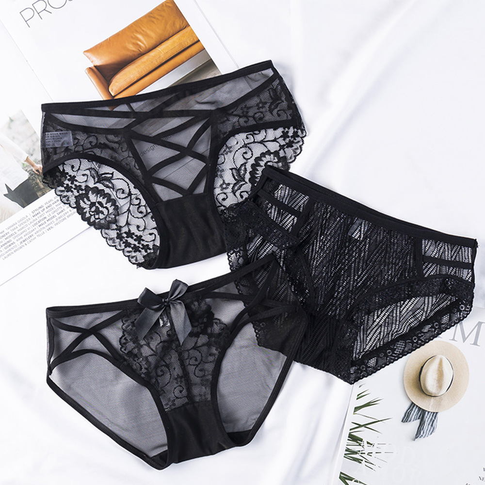 Fashion Sexy Black Lace Hollow Out Women Panties Low waist Thin Mesh Seamless Briefs Cotton Crotch Lingerie