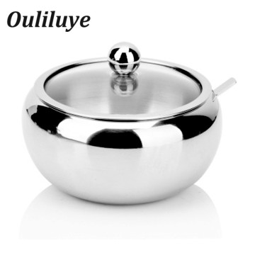 Stainless Steel Sugar Bowl Salt Shaker Sauce Cruet Seasoning Jar Condiment Pot Spice Container Canister Cruet with Lid and Spoon