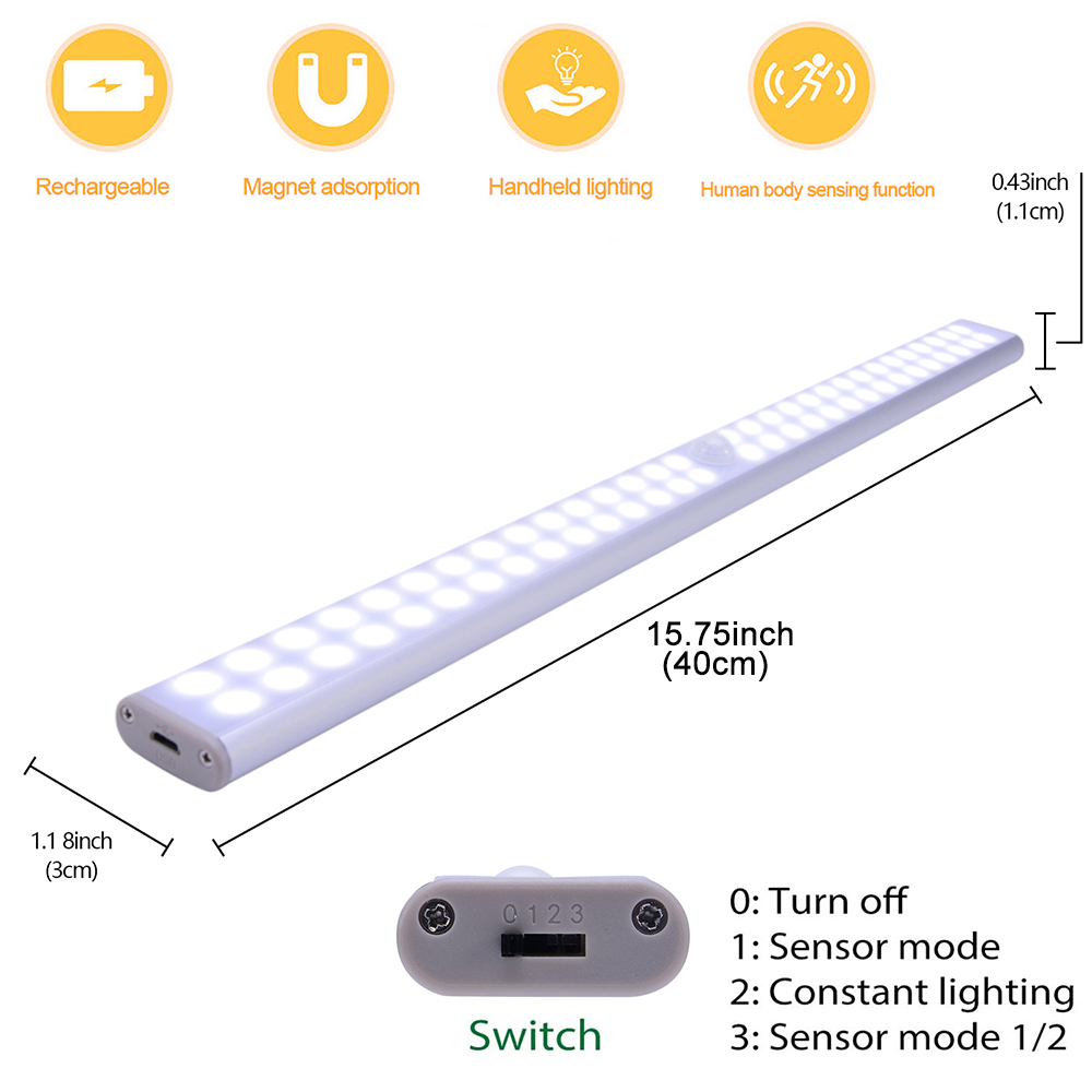 40CM 60LEDs 2 Row Lamp USB Rechargeable LED PIR Motion Sensor Night Light Portable Wall Lamp For Cupboard Kitchen Wardrobe D30