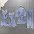 Sexy Women pajamas 5 Pieces Satin Pajama Set Female Lace Pyjama Sleepwear Home Wear Silk Sleep Lounge Pijama with Chest Pads