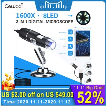 Cewaal 3 In 1 New Portable HD 1600X 2MP Zoom Microscope 8 LED Micro USB Type-c Digital Handheld Magnifier Endoscope Camera
