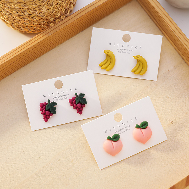 MISSNICE New Arrivals Small Fresh Sweet Cute Grape Banana Peach Fruit Resin Earrings Korean Fashion Hot Selling Gifts For Girls