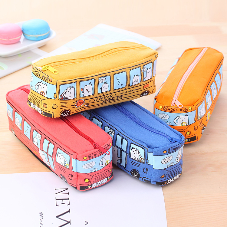 Kawaii Creative School Bus Shape Pencil Case Cartoon Animal Canvas Pencil Bag Large Capacity Box School Supplies