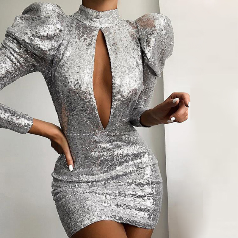 Elegant Puff Sleeve Evening Party Dress Women Hollow Out Bright Shiny Bodycon Dress Lady Backless Glitter Sequin Mini Club Dress