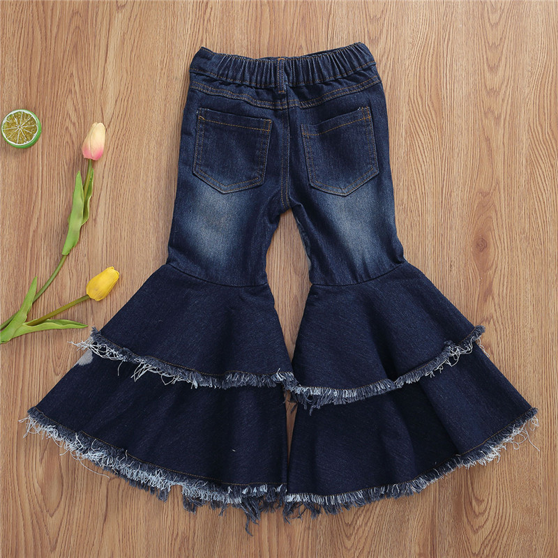 2020 Baby Clothing Toddler Baby Kids Children Girl Clothes Bell Bottom Pants Flare Denim Jeans Pants Layered Hole Trousers 2-7T