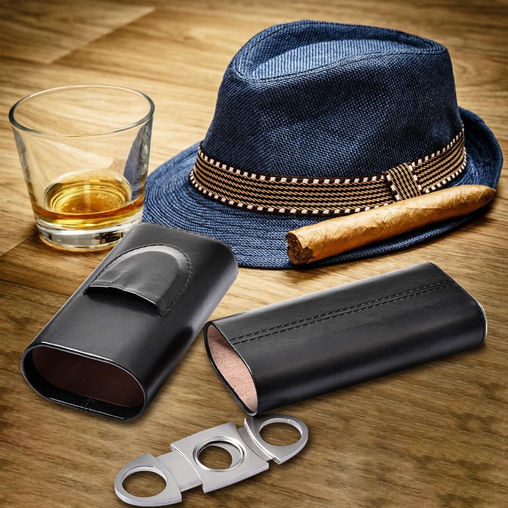 Portable Leather Cigar Case Holder Black Homidor Cigar Case Mini Travel Humidor With Cigar Cutter