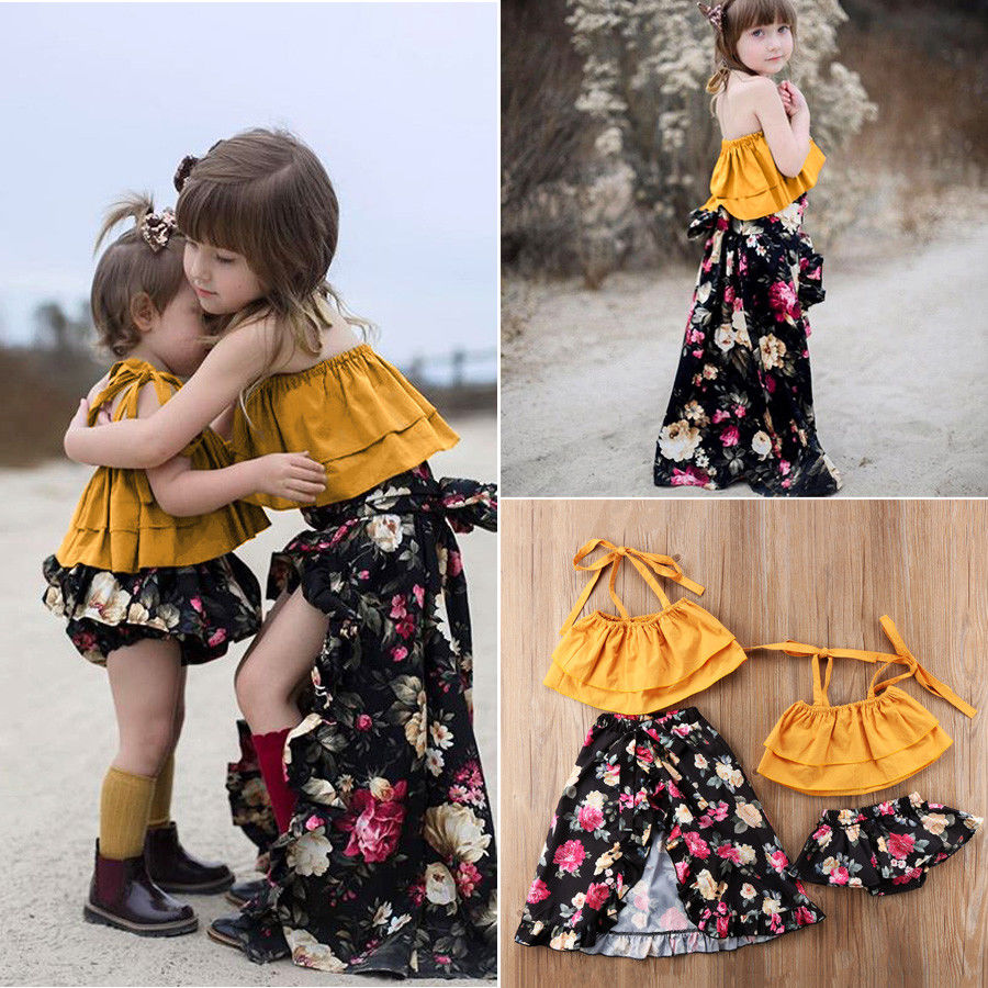 2018 Brand New Cute Toddler Infant Child Baby Kids Girls Sisters Strap Crop Tops Floral Skirt 2Pcs Sister Matching Outfits Sets