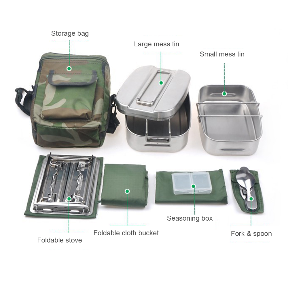 Military Canteen Cookware Set Camping Canteen Mess Kit Stainless Steel Canteen with Mess Tin Lid Stove Spoon Fork Molle Pouch