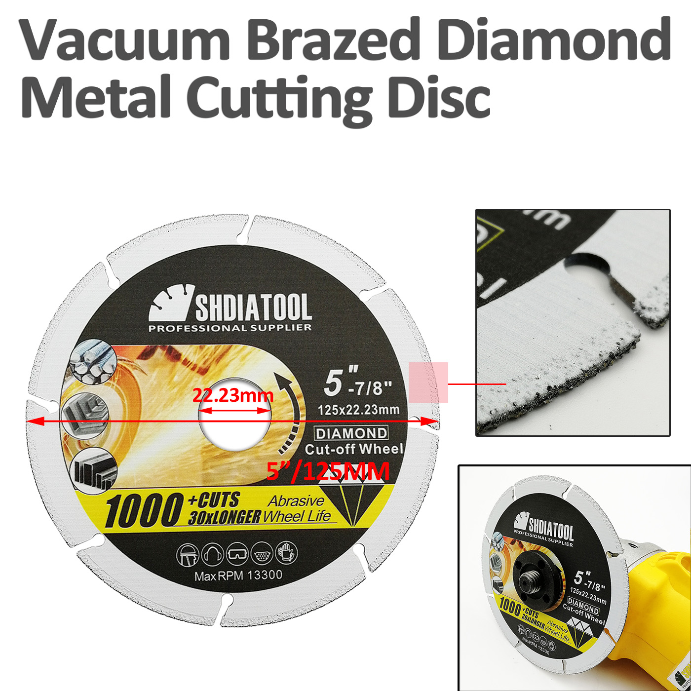 SHDIATOOL 2pcs 5"Diamond Cut-off Wheel Blade Vacuum Brazed Diamond Metal Cutting Disc For Steel Tube, Iron Rebar, Angle Steel