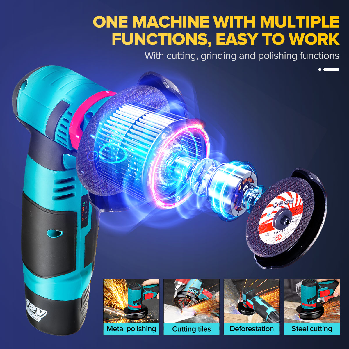 12V 500W Brushless Angle Grinder with Two Batteries Mini Cordless Angle Grinder Polishing Machine Diamond Cutting Power Tool