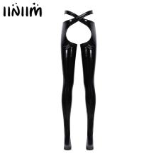 iiniim Womens Ladies Latex Costumes Patent Leather Trousers Exotic Pants Crotchless Open Bultt Crotch Sissy Lingerie Clubwear