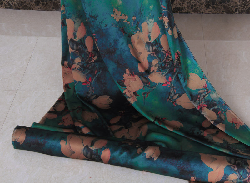 50cmx108cm Stretch Peacock Green Printed Crepe Satin Mulberry Silk Dress Fabric