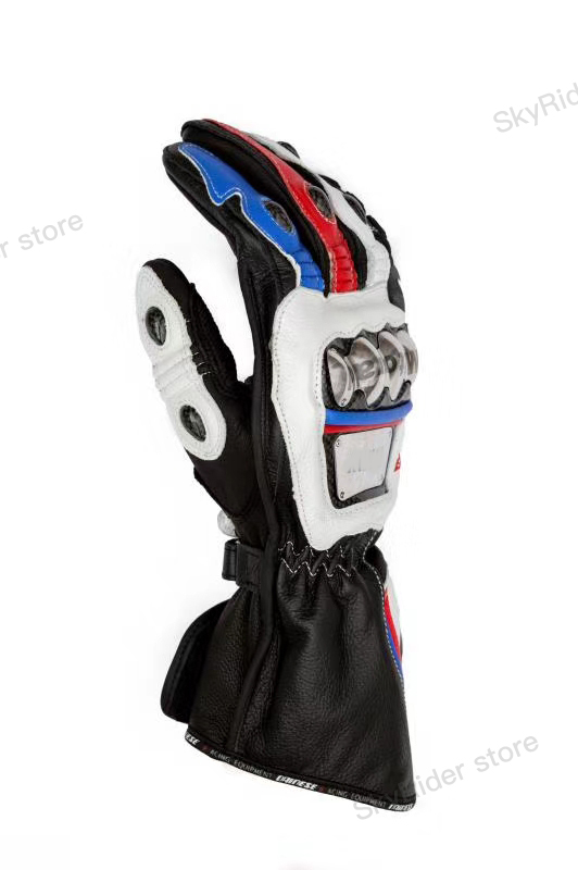 Motorcycle Motocross WHITE BLUE Gloves 100% Genuine Leather Speed Racing Full Metal Long Style Gloves