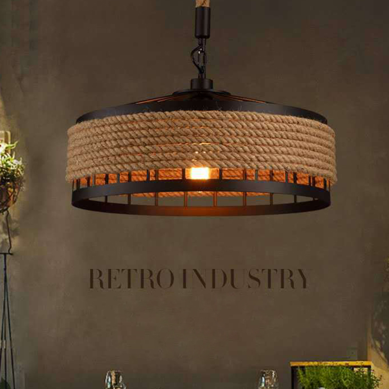 1pc Vintage Industrial Hemp Rope Hanging Lamp Bar Restaurant Round Chandelier Decorative Night Light