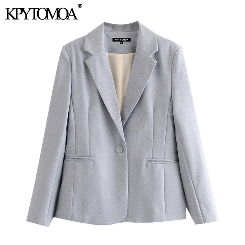 KPYTOMOA Women 2020 Fashion Office Wear Single Button Blazer Coat Vintage Long Sleeve Pockets Female Outerwear Chic Tops