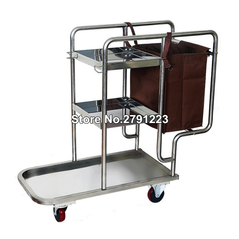 Stainless Steel 3 Shelf Janitor Cart With Cloth Bag Housekeeping Cart Hotel Mute Wheel Commercial Hotel Cleaning Cart