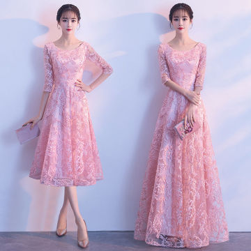 summer Embroidered Big Swing Zippper Three Quarter Sleeve Floor-length A-line Chiffon Light Blue Pink Cocktail Dresses