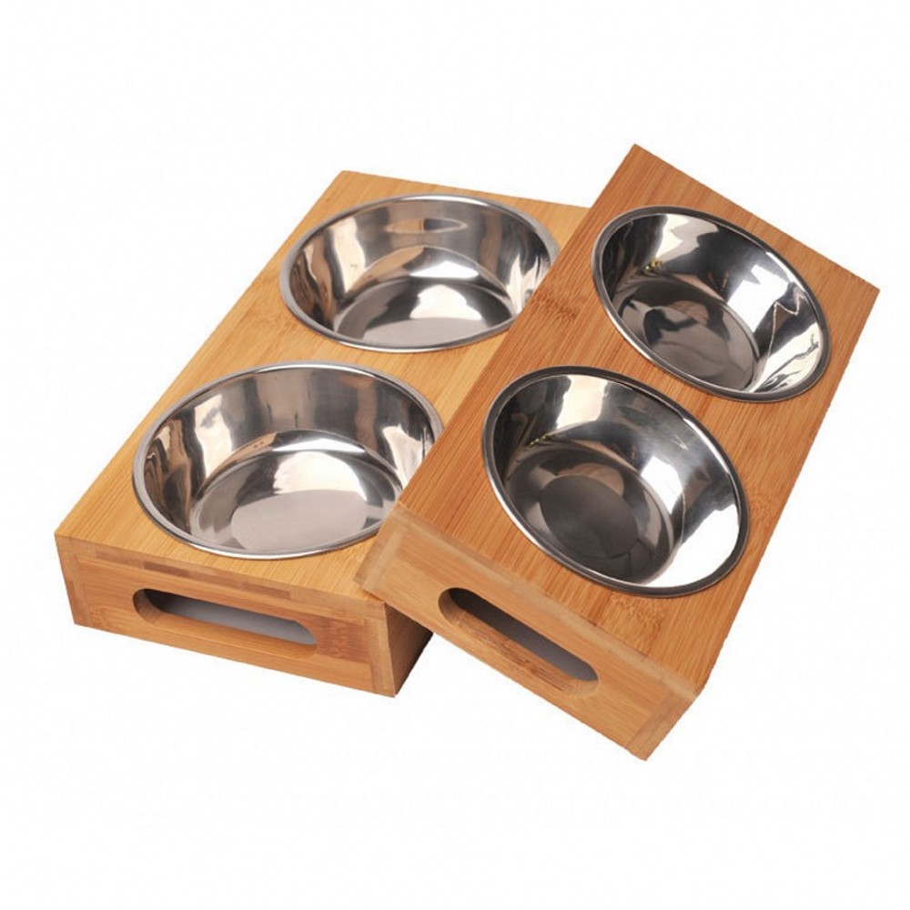 High Quality Cat Dog Feeders Bowls Bamboo Tableware Stainless Steel Pet Food Water Bowl Anti Skid Dog Bowls Pet Supplies