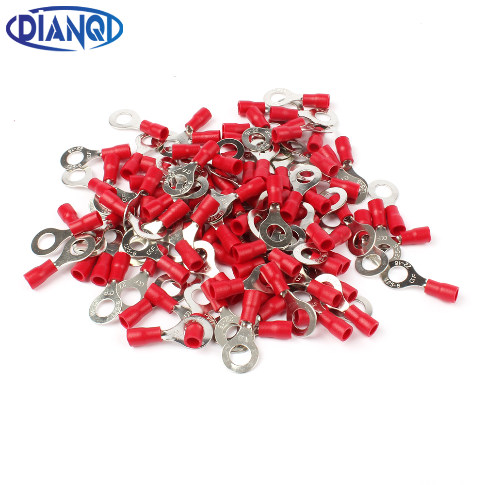 DIANQI RV1.25-6 Red 22-16 AWG 0.5-1.5mm2 Insulated Ring Terminal Connector Cable Wire Connector 100PCS/Pack RV1-6 RV